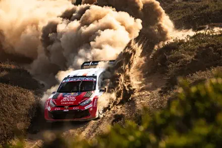 Toyota Gazoo Racing GR Yaris Rally1 charges through a dust cloud during WRC rally racing in this 4K Ultra HD desktop wallpaper.