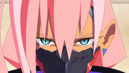 Anime close-up of Talia Yang from Cyberpunk: Edgerunners 2, with pink hair and a black face mask, HD PC desktop wallpaper background.