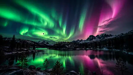 Vivid green and pink northern lights reflect across a mountain lake beneath a snowy range, in a 4K Ultra HD PC desktop wallpaper.