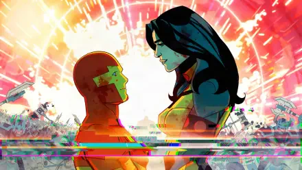 Mister Miracle and Big Barda face each other amid a vivid comic-book explosion in this 4K Ultra HD PC desktop wallpaper.