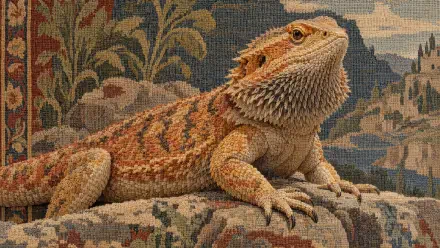 Bearded dragon lizard resting on a patterned tapestry, featured in a 4K Ultra HD PC desktop wallpaper and background.