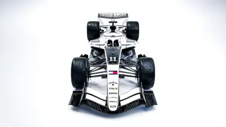 Cadillac MAC-26 F1 race car viewed from above against a clean white background, 8K Ultra HD desktop wallpaper.