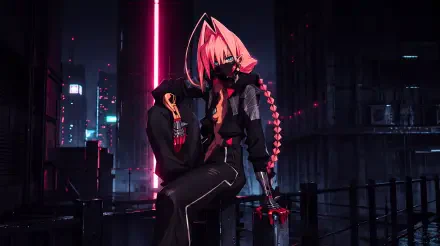 Talia Yang with pink hair in a neon-lit cyberpunk city, Cyberpunk: Edgerunners 2 anime art, 5K Ultra HD PC desktop wallpaper.
