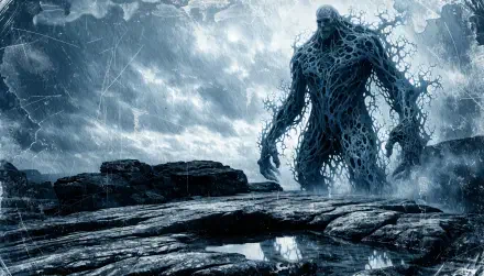 A towering icy troll monster rises from a frozen landscape in this 4K Ultra HD PC desktop wallpaper.