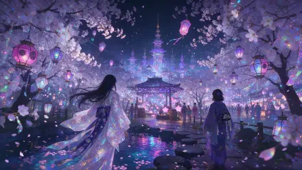 Anime cherry blossom festival with glowing lanterns, a couple by a reflective pond, and a luminous palace—4K Ultra HD PC desktop wallpaper.