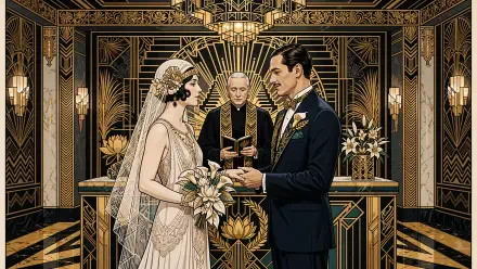 Art Deco wedding illustration of a bride and groom exchanging rings, 4K Ultra HD PC desktop wallpaper and background.