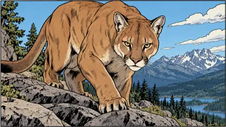 Illustrated mountain lion, or cougar, prowls rocky terrain against a mountain landscape in a 4K Ultra HD PC desktop wallpaper.