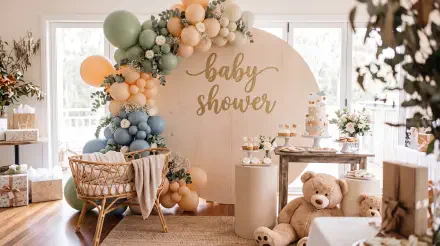 5K Ultra HD baby shower wallpaper featuring a pastel balloon arch, teddy bears, and elegant event decorations