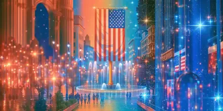 Patriotic American flag above a glowing cityscape fountain at dusk, 4K Ultra HD PC desktop wallpaper and background.