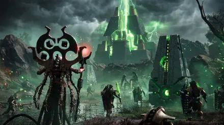 5K Ultra HD Warhammer 40,000: Dawn of War IV wallpaper showing sci-fi soldiers beneath towering green energy structures on a stormy battlefield.