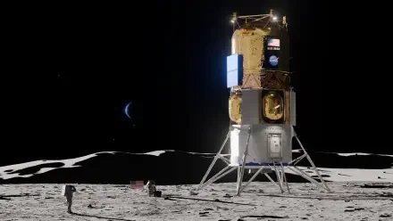 Blue Moon lunar lander spacecraft on the moon’s surface, 8K Ultra HD desktop wallpaper background.