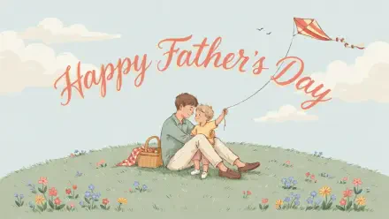 Happy Father’s Day illustration of a father and child flying a kite on a flower-filled hill, 2K Quad HD desktop wallpaper