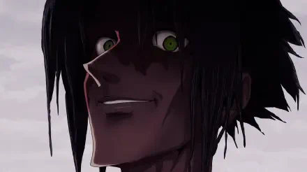 Scary anime portrait of a grinning, green-eyed character from Cyberpunk: Edgerunners 2, featured in a 5K Ultra HD PC desktop wallpaper.