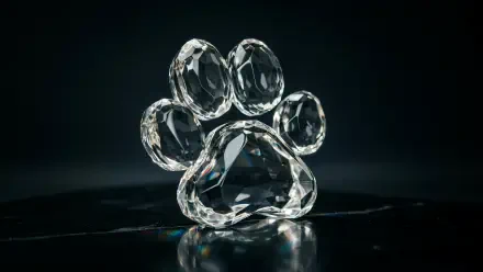 A sparkling crystal glass paw print sculpture on a dark reflective surface, featured in a 4K Ultra HD PC desktop wallpaper.