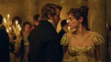 Emma Corrin and Jack Lowden as a couple in a candlelit Regency ballroom in Pride and Prejudice (2026), HD desktop wallpaper.