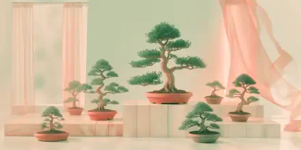 Serene bonsai garden with miniature trees on display in warm sunlight, 4K Ultra HD PC desktop wallpaper and background.