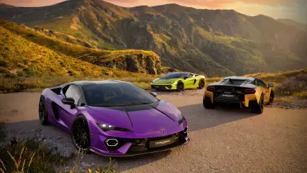 Lamborghini Temerario Tettonero supercars on a mountain road, 2K Quad HD PC desktop wallpaper and background.