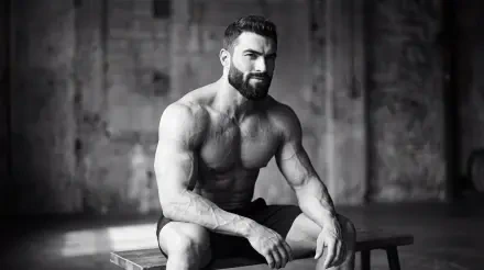 Black-and-white giga chad fitness portrait of a muscular bearded man seated on a bench, 5K Ultra HD PC desktop wallpaper and background.