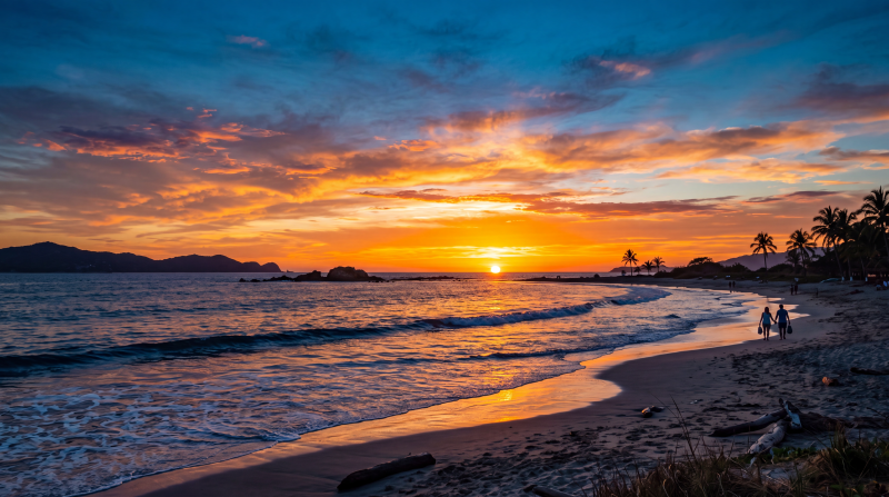 {{ 5K Ultra HD PC desktop wallpaper: warm beach sunset with vivid orange and blue sky, gentle waves lapping a sandy shore, silhouetted palms and two figures near the water.