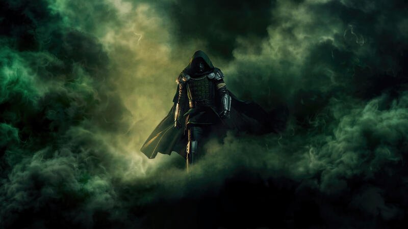 {{ Avengers: Doomsday — hooded, armored figure emerging through swirling green clouds; 4K Ultra HD PC desktop wallpaper and background. 