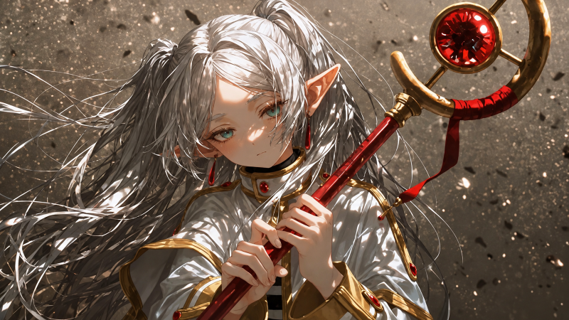 {{ Anime 2K Quad HD PC wallpaper — Frieren: Beyond Journey's End; white-haired elven mage clutching a red gem-topped staff, detailed close-up with warm light and floating dust. 