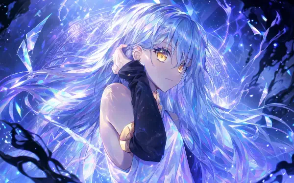 Rimuru Tempest in 4K Ultra HD PC desktop wallpaper: ethereal blue‑haired figure with glowing golden eyes, flowing crystalline hair and a radiant energy aura.