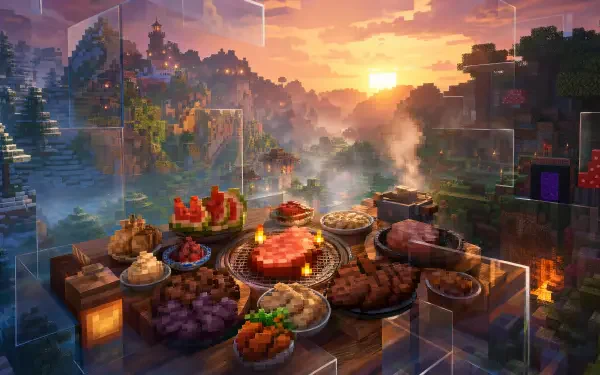 Minecraft 4K Ultra HD PC desktop wallpaper and background: a blocky sunset over a valley with villages, smoke and portals, and a wooden table piled with a steaming pixelated feast in the foreground.