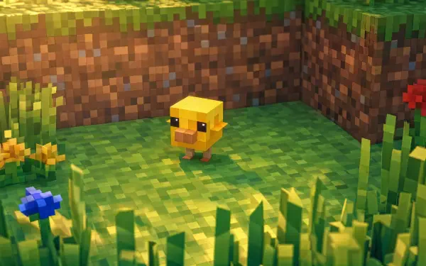 Minecraft 4K Ultra HD PC desktop wallpaper and background: blocky yellow chick on sunlit grass amid dirt block walls and flowers.