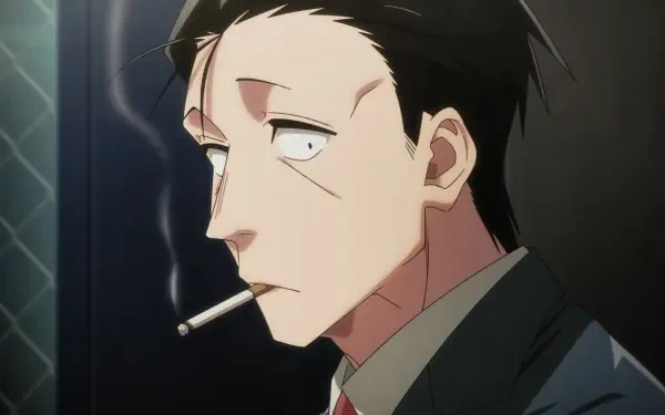 Anime HD PC desktop wallpaper: Sasaki (Smoking Behind the Supermarket with You) smoking a cigarette, gazing pensively against a dim, moody background.