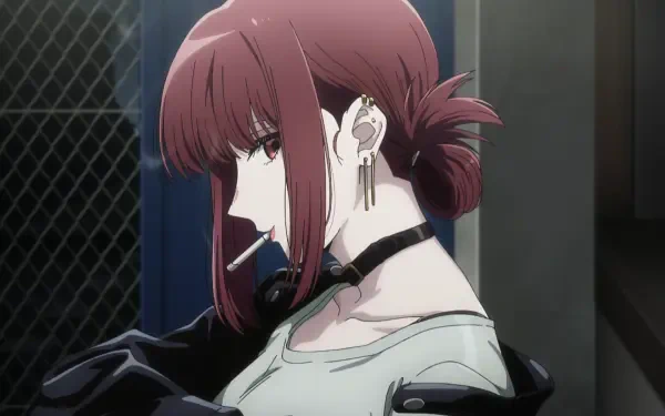 HD PC desktop wallpaper: Anime Yamada (Smoking Behind the Supermarket with You) — red-haired Yamada smoking by a chain-link fence, wearing a choker and off-shoulder leather jacket.