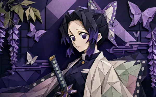 Shinobu Kochou in stylized geometric art with purple butterflies, wearing her butterfly haori and holding a sword — 4K Ultra HD PC desktop wallpaper/background.