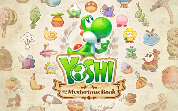 HD PC desktop wallpaper featuring Yoshi from the video game Yoshi and the Mysterious Book, centered over a whimsical parchment background with items and creatures.