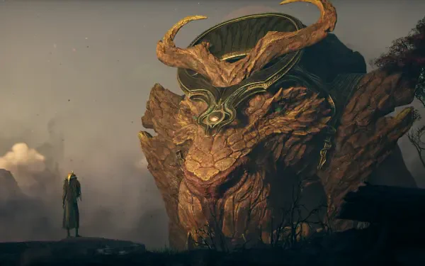 4K Ultra HD PC wallpaper from the video game God of War: Laufey stands before a colossal horned guardian on a misty cliff.
