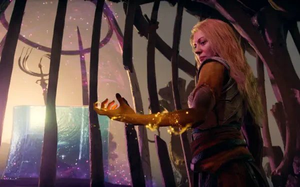 God of War video game 4K Ultra HD PC desktop background: Laufey stands inside a wooden cage, golden magic flowing from her arm toward a shimmering portal, twilight sky and stag silhouette beyond.