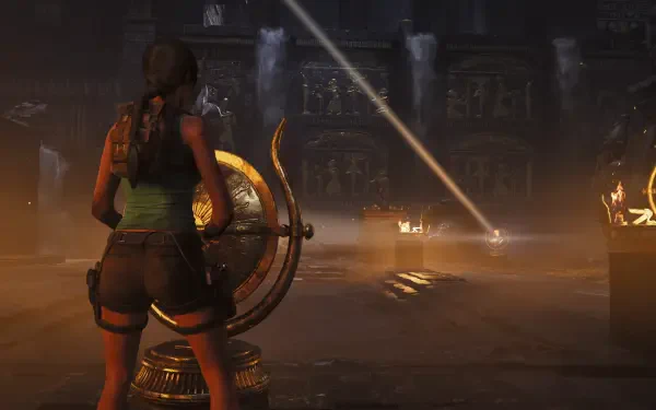 Lara Croft from Tomb Raider: Legacy of Atlantis explores a mist-shrouded temple, adjusting a golden astrolabe — 4K Ultra HD PC desktop wallpaper and background.