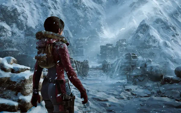 Lara Croft in winter gear surveys snowbound ancient ruins in Tomb Raider: Legacy of Atlantis — 4K Ultra HD PC desktop wallpaper.