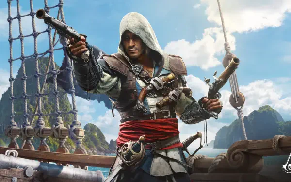 Video game 5K Ultra HD PC desktop wallpaper of Assassin's Creed Black Flag Resynced: hooded pirate assassin on a ship deck firing a pistol, cutlass at hip, tropical sea and dramatic sky.