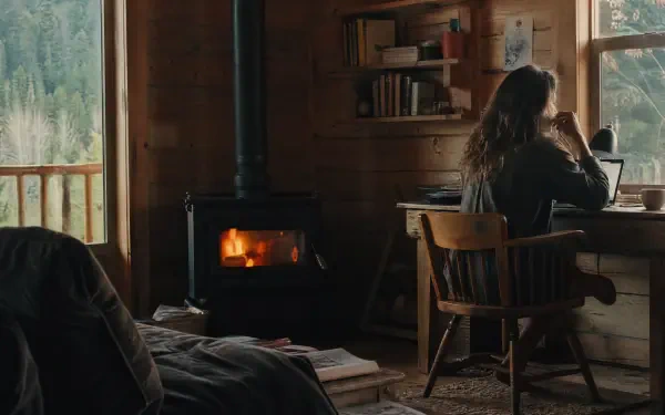 4K Ultra HD PC desktop wallpaper and background — cozy cabin interior with wood stove, bed, bookshelves, and a person at a desk gazing out a window to the forest.