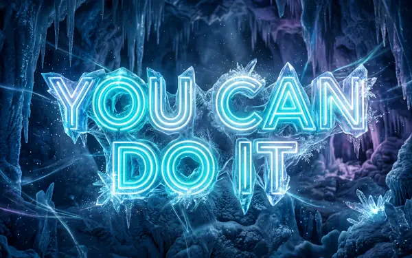 5K Ultra HD PC desktop wallpaper: glowing neon-blue YOU CAN DO IT text embedded in a crystalline ice cave with shimmering stalactites and frosty accents.