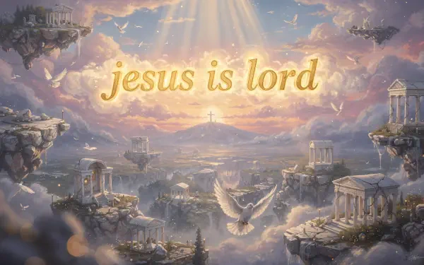 4K Ultra HD PC desktop wallpaper/background: radiant jesus is lord text over a heavenly panorama of floating islands, ancient temples, doves and golden sunbeams.