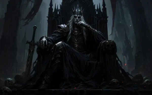 Dark king in an ornate crown and armor seated on a black throne amid skulls and swords in a towering gothic hall — 4K Ultra HD PC desktop wallpaper, moody shadowed fantasy background.