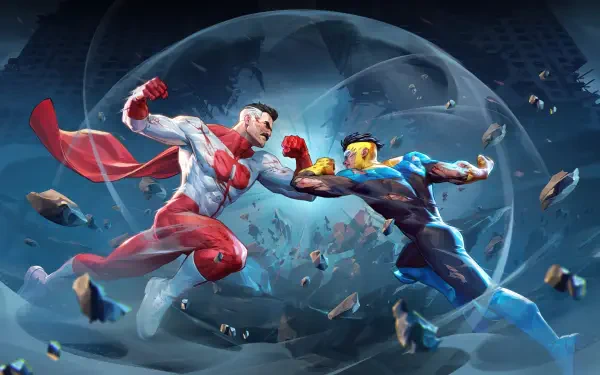 Invincible VS. 4K Ultra HD PC desktop wallpaper and background: two armored superheroes clash mid-air, sending debris spiraling inside a translucent energy globe.