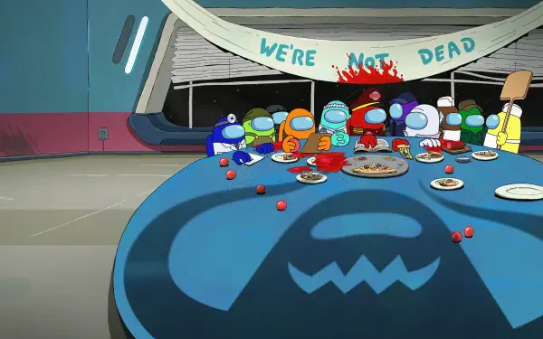 Among Us 4K Ultra HD PC desktop wallpaper/background: colorful crewmates gathered around a dining table in a spaceship under a We're Not Dead banner, plates and scattered food.