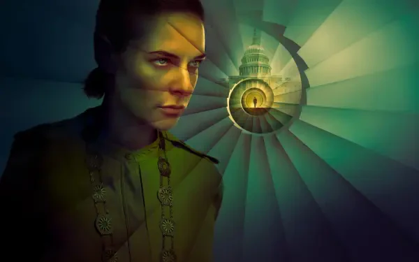 Contemplative woman in green light beside a spiral silo stairwell glowing at the center — 4K Ultra HD PC Desktop Wallpaper and Background.
