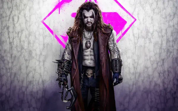 Grim, armored antihero with fur cloak and axe stands before a neon pink Supergirl (2026) emblem — 4K Ultra HD PC desktop wallpaper/background.