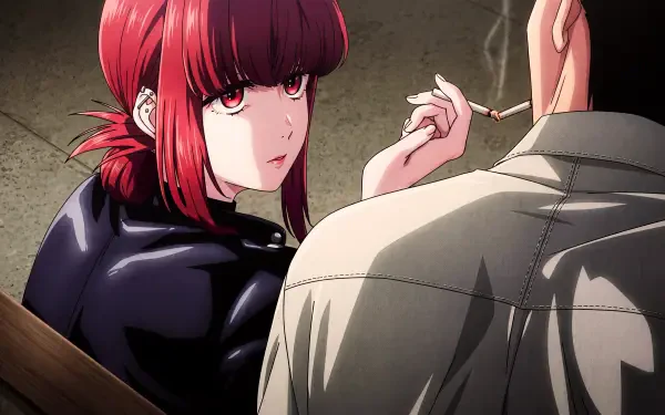 5K Ultra HD PC wallpaper: red-haired anime waifu smoking behind a supermarket, glancing over her shoulder at a companion.