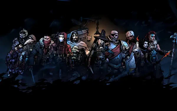 Darkest Dungeon 8K Ultra HD PC Desktop Wallpaper and Background: a row of grim, stylized adventurers and monsters lit by torchlight against a shadowy dungeon interior.