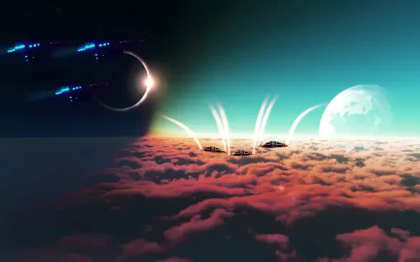 No Man's Sky 8K Ultra HD PC desktop wallpaper: alien sunrise over a pink cloud sea, distant moon and crescent planet, and starships streaking across a teal sky.