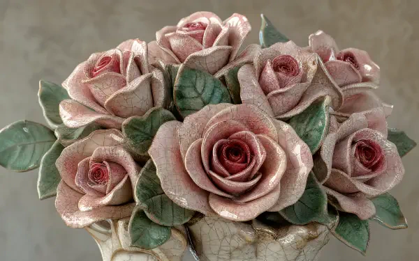 4K Ultra HD PC desktop wallpaper: close-up pink rose bouquet with dewy petals and green leaves arranged in a decorative vase against a soft neutral background.