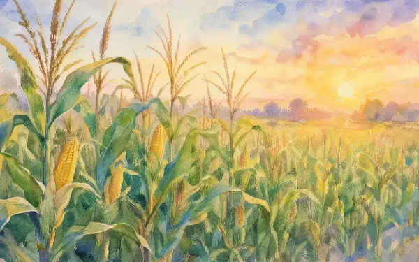 Watercolor-style 4K Ultra HD PC desktop wallpaper of a sunlit corn field at sunrise, green stalks and golden ears stretching into a soft pastel sky.